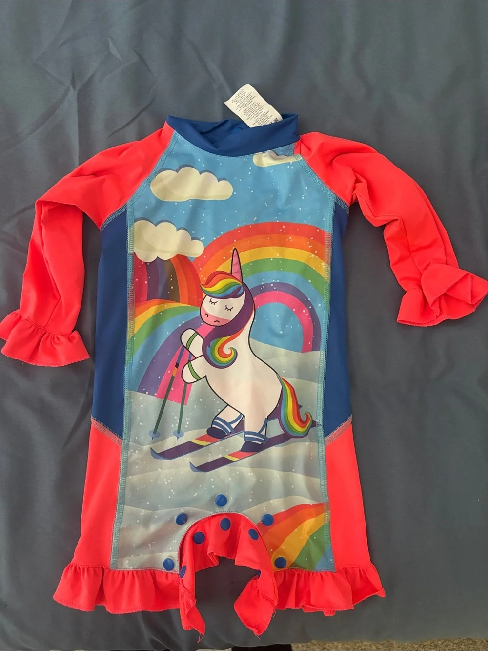 Girls' Unicorn Ski One-Piece Rash Guard Swimsuit - Coral & Blue
